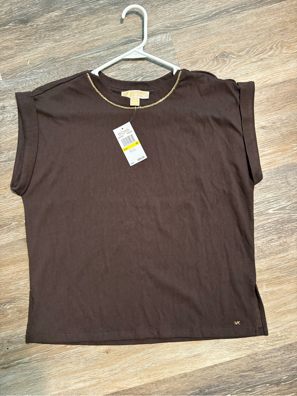 Michael Kors Brown Short Sleeve Top with Gold Chain Neckline